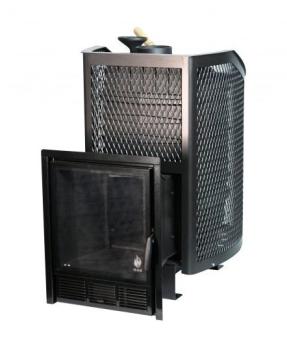 Печь банная НМК Сибирь Амур с закрытой каменкой с панорамной дверцей сеткой